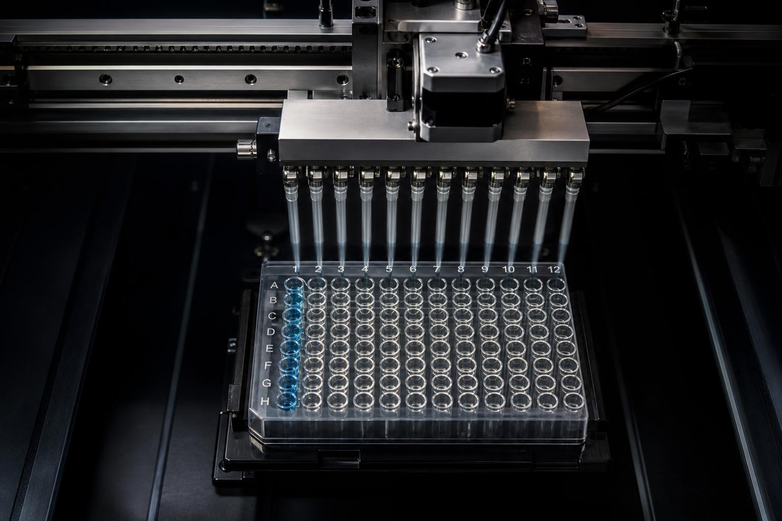 Automated 12-channel liquid handling robot pipetting into a standard 96-well microplate