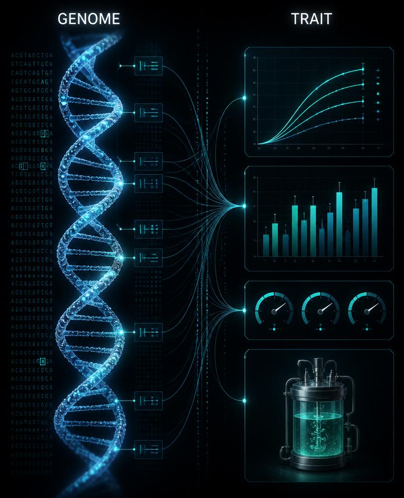 Paired genome and trait visualization: DNA helix linked to strain performance readouts — titer curves, yield bars, productivity gauges, and a bioreactor